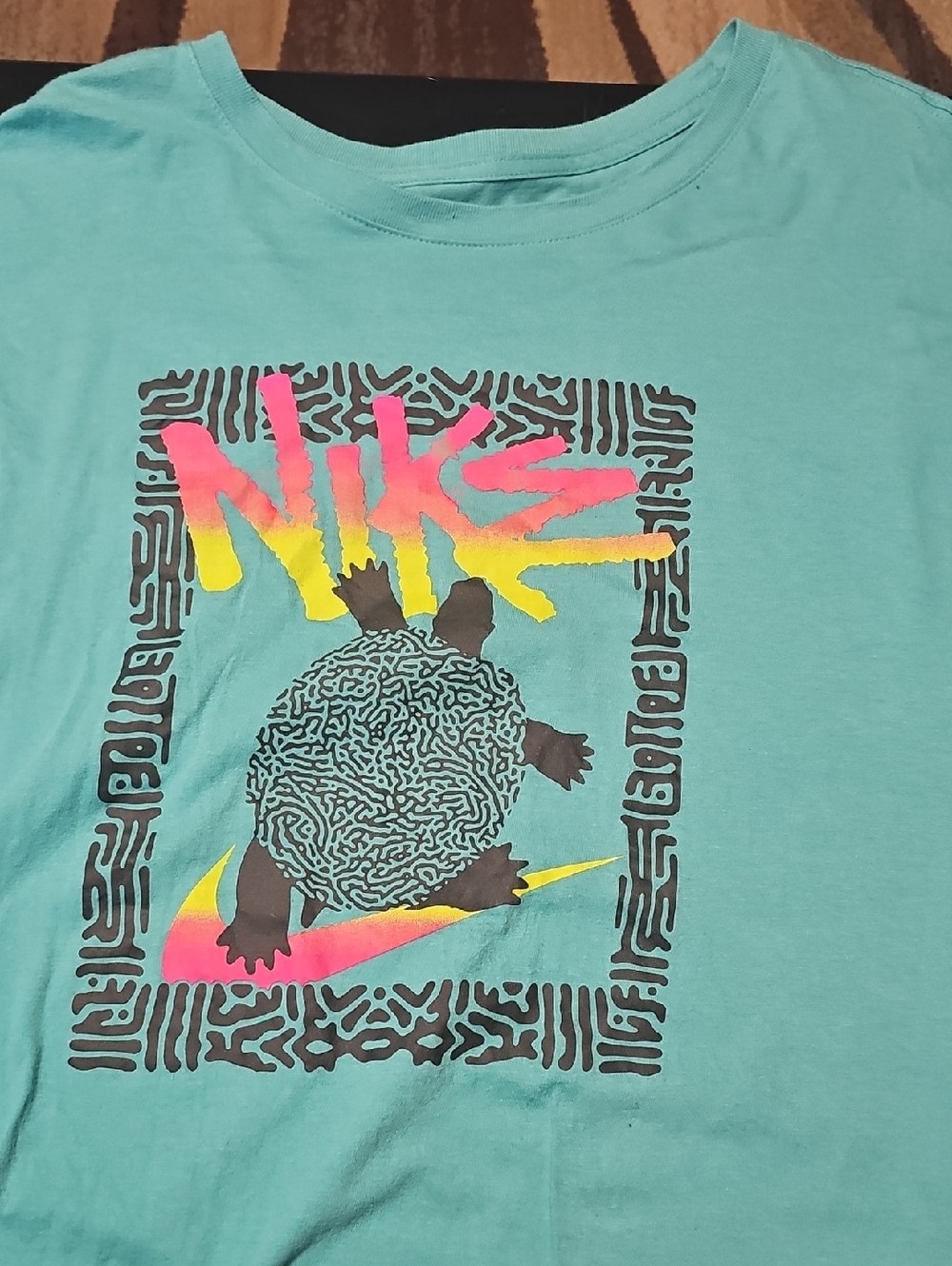 Nike Teal Tee with Pink and Yellow Gradient Logo Green Shirt